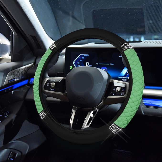 Bling Soft Leather Steering Wheel Cover, 15 Inch Colorful Rhinestones Auto Elastic Steering Wheel Protector for Women Girls, Car Accessories Anti Slip Steering Wheel Cover for Cars, SUVs (Green)