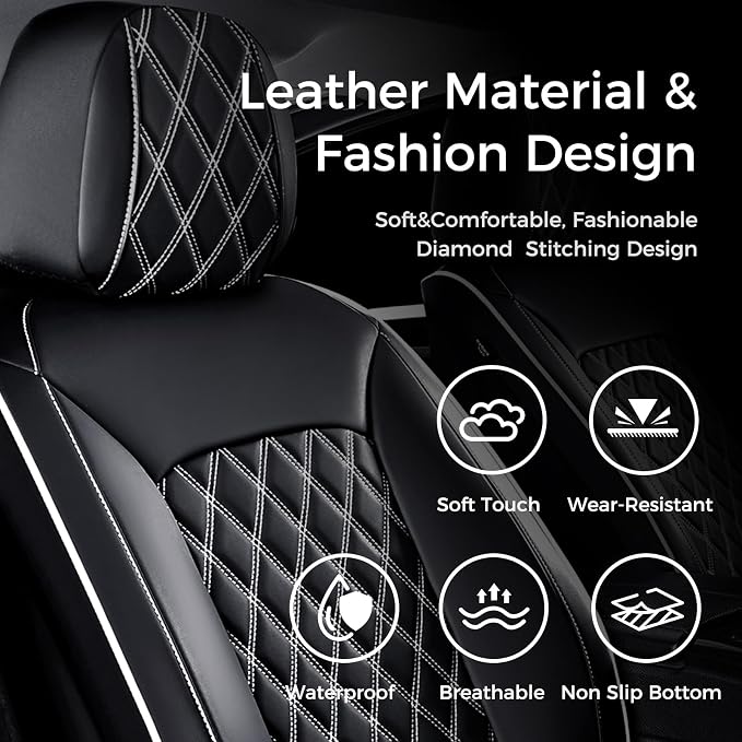 Huidasource Universal Car Seat Cover, Car Seat Cover Set Nappa Leather Universal Fit for Most Cars, Vans, Trucks, SUVs, Compatible with Airbags, Seat Covers Velcro Adjustable (Full Set/Black&White)