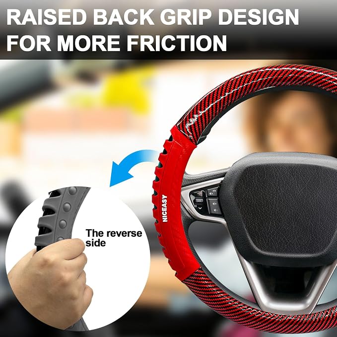 Sport Style Red PU Leather Steering Wheel Cover with Red Sport Grip Anti-Slip Breathable Steering Wheel Accessory Universal Fit 14.75-15 inch