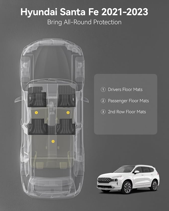 3W Floor Mats for Hyundai Santa Fe 2021 2022 2023 (Only Fit Gas, Not Fit Hybrid or PHEV), TPE All Weather Custom Fit Car Accessories Liners 1st & 2nd Row, Black