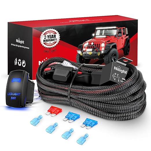 Nilight Wiring Harness Kit Nylon 16 AWG 2 Leads LED Light Bar 12V 5Pin Rocker Switch Laser On Off Power Relay Blade Fuse for Off Road Lights on Cars Jeep Boat Trucks