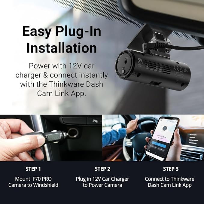 Thinkware Dash Cam, F70 PRO - 1080p FHD, Wi‑Fi, Smart Parking Mode with Super Night Vision, 32GB microSD