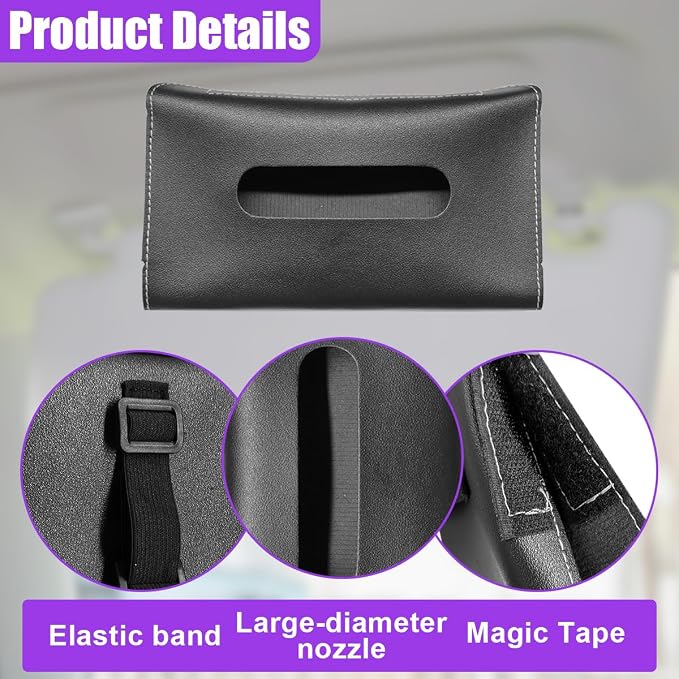 YoRise Car Sun Visor Tissue Holder, Soft Leather Automotive Hanging Napkin Storage Box, Rectangular Vehicle Interior Tissue Organizer Case for Car, SUV, Truck (Black)