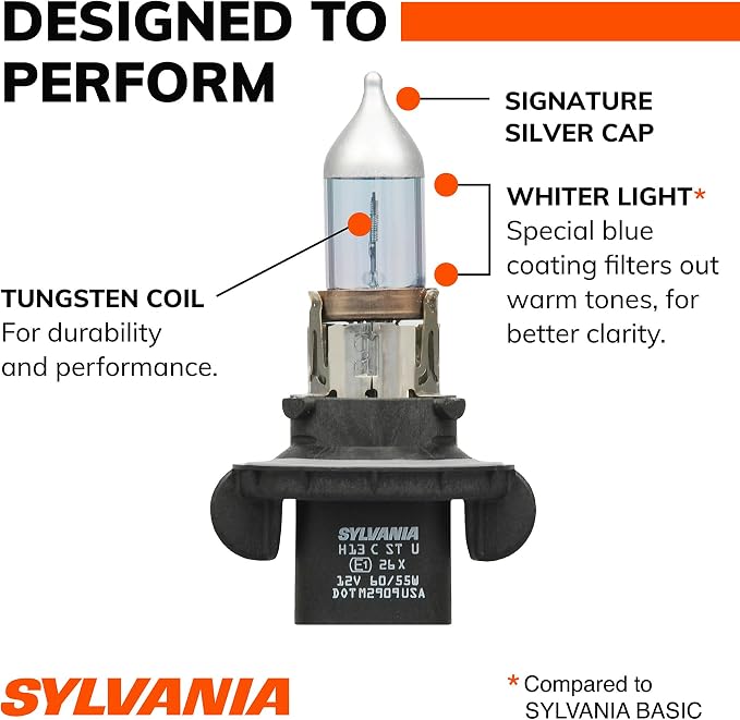 SYLVANIA - H13 SilverStar - High Performance Halogen Headlight Bulb, High Beam, Low Beam and Fog Replacement Bulb, Brighter Down Road with Whiter Light (Contains 2 Bulbs)