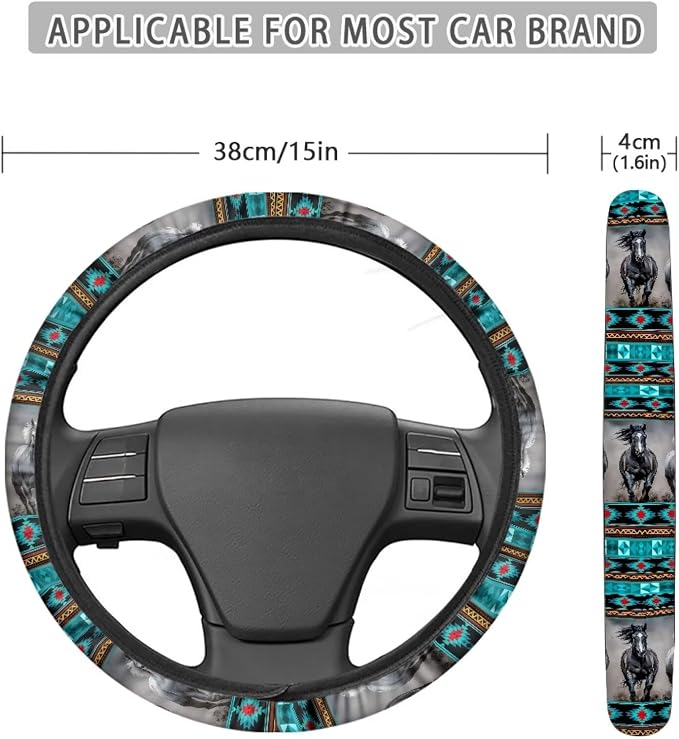 Wanyint Aztec Horse Teal Gray Car Steering Wheel Cover Universal 15 Inch Anti-Slip Neoprene Auto Steering Wheel Protector Car Accessories Decor for Women Men