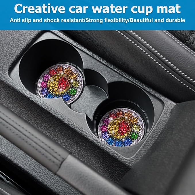 Bling Car Cup Holder Coaster, 2PCS 2.75 Inch Crystal Rhinestone Anti Slip Vehicle Drink Cup Mat for Women Girls, Auto Interior Embedded in Ornaments. Universal for SUV RV Truck (Sunflower)