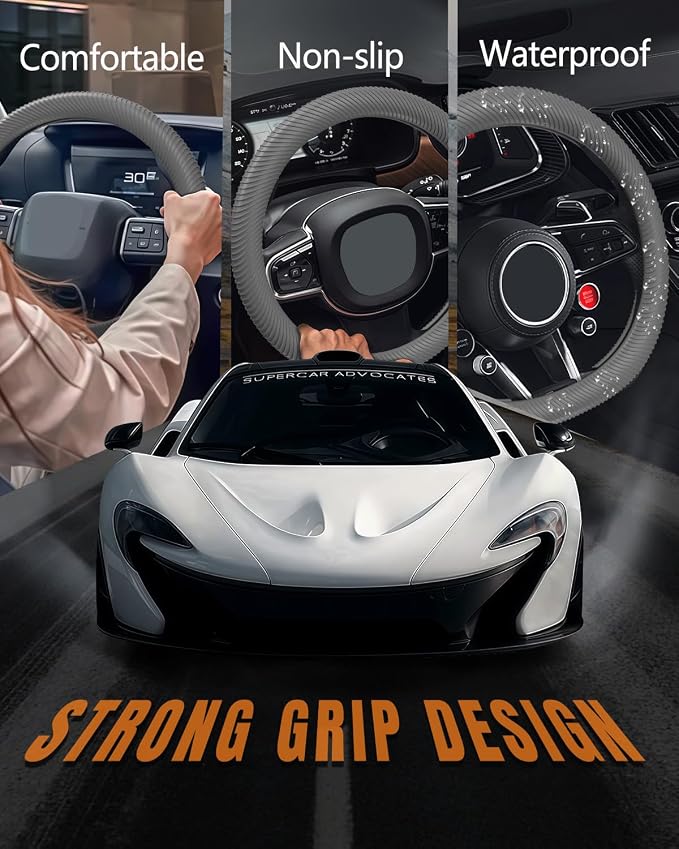 WOCOCN Car Steering Wheel Cover, Thin Anti-Skid Silicone Steering Wheel Cover for Men & Women, Universal Automotive Interior Accessories for Most Cars (Grey)