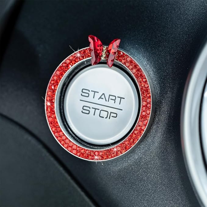 2PCS Bling Car Engine Start Stop Decoration Ring, Crystal Rhinestone Auto Push Start Button Ignition Ring Sticker, Vehicle Decor Accessories for Women Girls, Universal for Vehicles (Red)