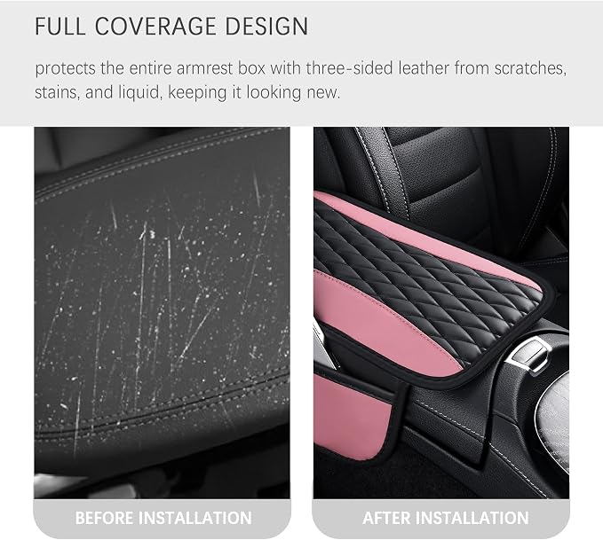 IHOTDER Patchwork Leather Center Console Covers for Cars,Upgraded Arm Rest Cover for Car with Side Storage Pocket for Car Seat Organizer,Middle Console Cover Stylish Car Decoration (Pink)