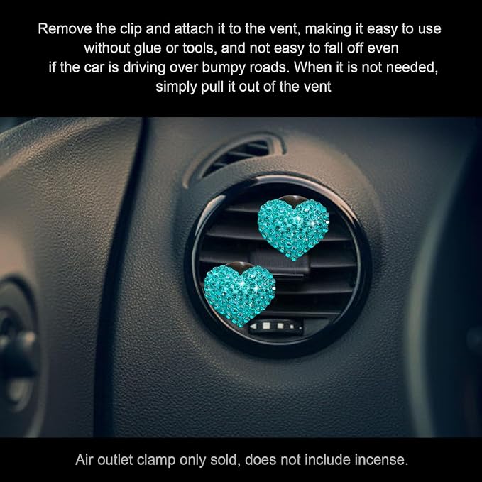 2Pcs Car Air Vent Clip, Bling Crystal Heart Charms Car Air Vent Clips, Air Conditioning Outlet Clip Decorative, Interior Decoration Accessories Universal for Women and Man (blue)