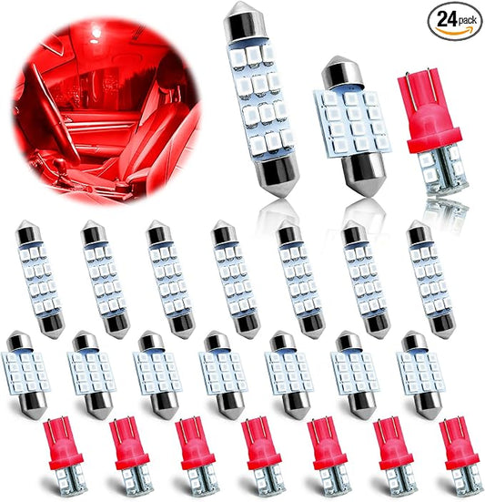 NTNEV 24PCS LED Interior Replacement Bulbs, Interior Car Lights, Dome Light LED Car Bulb Kit Set T10 31 mm 42 mm, Used for Map Dome Lights and License Plate Courtesy Lights Accessories (Red)
