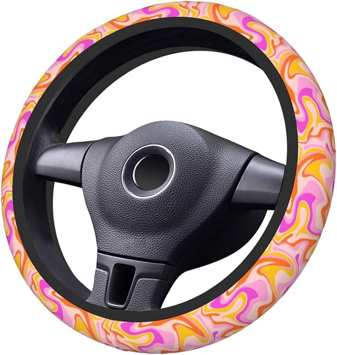 Groovy 70s 80s Vintage Aesthetic Steering Wheel Cover For Women Men Girls Car Accessories Decor Anti-Slip Neoprene Auto Steering Wheel Covers Protector Universal 15 Inch