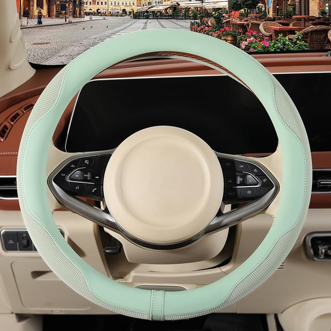 Nappa Leather Ice Silk Fabric Green Steering Wheel Cover | Non-Slip Breathable Soft Car Accessories, Warm in Winter and Cool in Summer Universal 14.5 inch to 15 inch