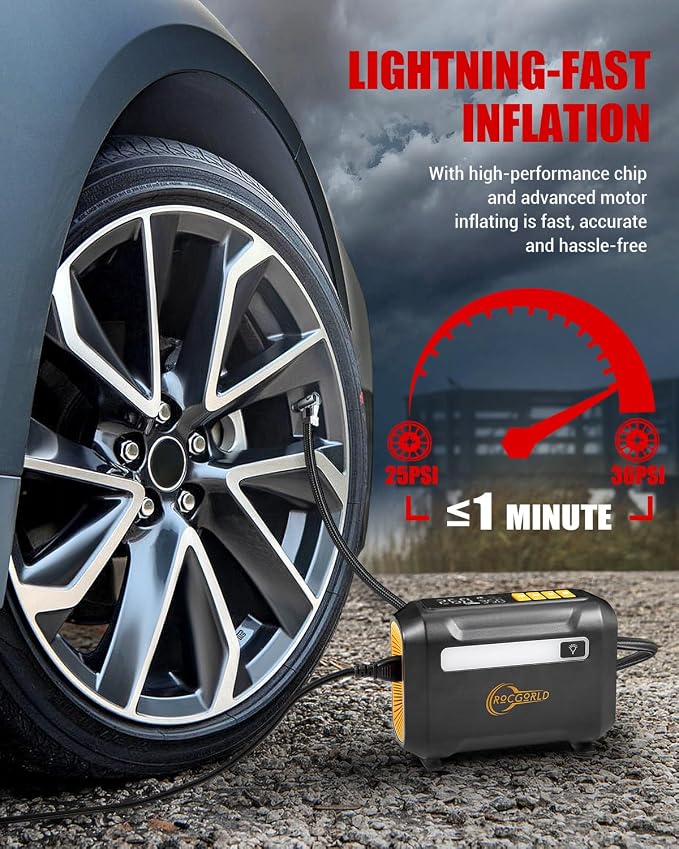 ROCGORLD R8 Tire Inflator Portable Air Compressor, DC 12V Portable Air Compressor with Large Dual Digital Screen, 3X Faster Inflation Portable Air Pump for Car Tires, Bike, Motor - Car Accessories