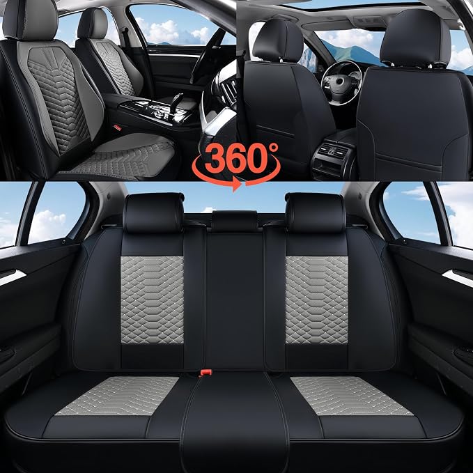 Coverado Leather Seat Covers, Car Seat Covers Full Set, Nappa Leather Seat Covers for Cars, Car Seat Protectors Waterproof, 5 Seats Black&Gray Automotive Seat Covers Fit for Most Cars Trucks
