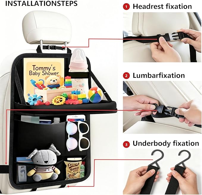 TCJJ Car Seat Organiser, Backseat Car Organizer for Kids, Car Backseat Seat Kick Protector With Tray and Touch Screen Tablet Storage Pockets Black/2 Pack