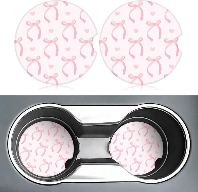 Cute Pink Bow Car Coasters for Cup Holders,2 Pack Car Cup Holder Coasters for Car,Ceramic Absorbent Car Coaster with A Finger Notch and Cork Base,Car Interior Accessories for Women Men