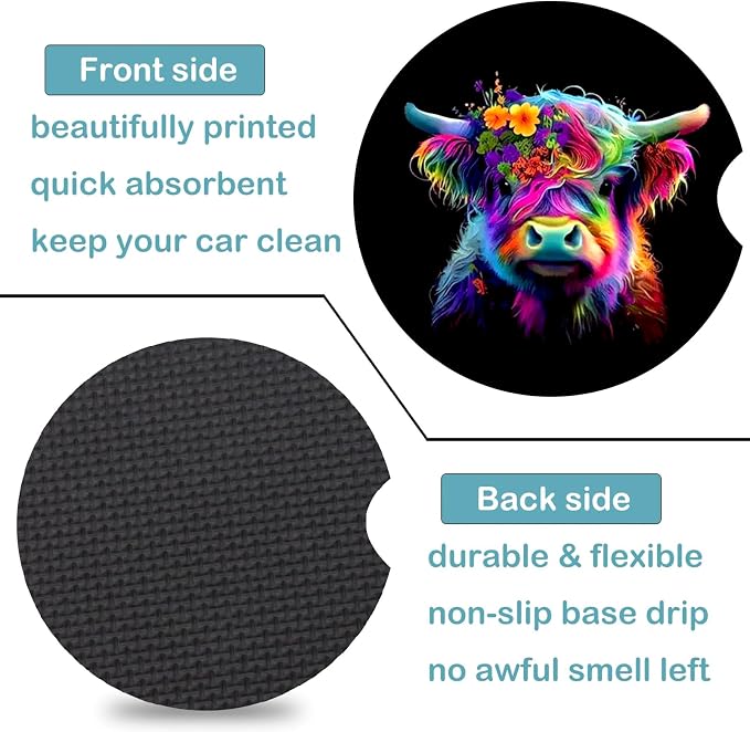 2 Pack Highland Cow Car Cup Holder Coasters Universal Neoprene Coasters | 2.75" Universal Size Anti Slip Rubber Mat,Auto Cup Holder Decal Decor Accessories for SUV Truck,Cow Gifts for Women Men Mom