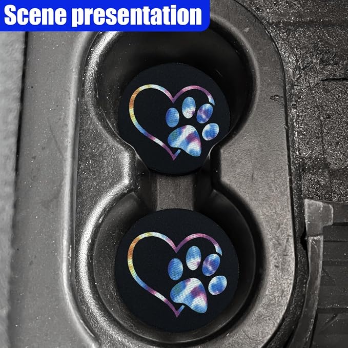 2PCS Dog Paw Heart Print Car Cup Holder Coasters, 2.73 Inch Anti-Slip Shockproof Automotive Drink Mat for Women and Men, Universal Vehicle Cup Holder Insert for RV, SUV, Truck (BE&PK)