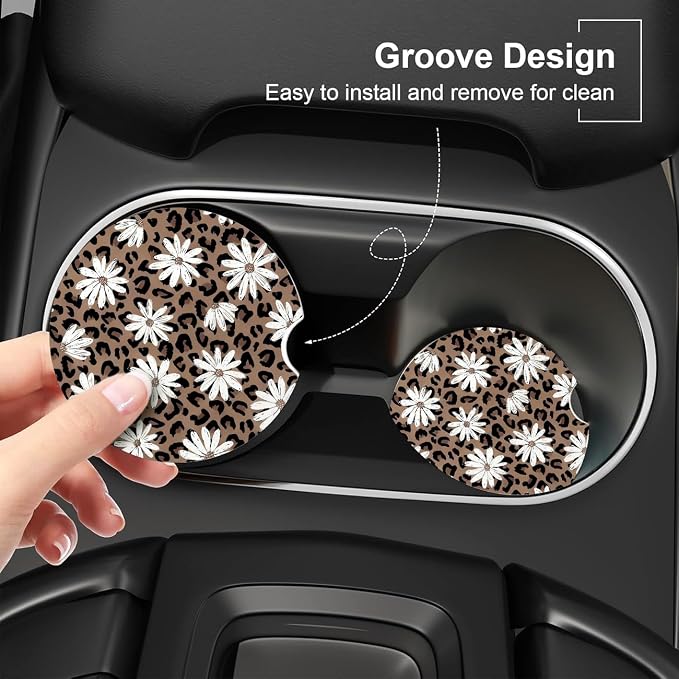 Ceramic Car Coasters – Absorbent Car Cup Holder Coaster Set for Women, Cute Aesthetic Car Accessories for Girls, 2 Pack (Sand Brown)