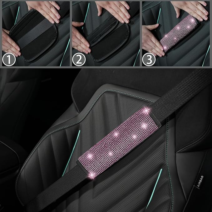 NBTEPEM 8 pcs Pink Bling Car Accessories Set for Women, Steering Wheel Cover, Sparkly Seat Belt Covers, Bling Gear Shift Cover, Universal Fit Most Cars (Pink Diamond)