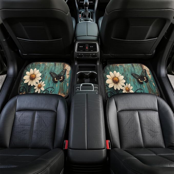 Nature Car Floor Mats Set of 4 Rustic Daisy Butterfly Wooden Automotive Foot Mats Rugs Carpet for Car Non-Slip Auto Car Accessories Universal Fit for Car SUV Truck Van