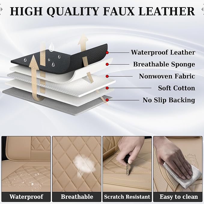 Coverado Car Seat Covers Full Set, 5 Seat Universal Seat Cover for Cars, Luxury Faux Leather Waterproof Seat Covers, Front and Back Car Seat Protector, Auto Seat Covers Fit for Most Vehicles, Beige
