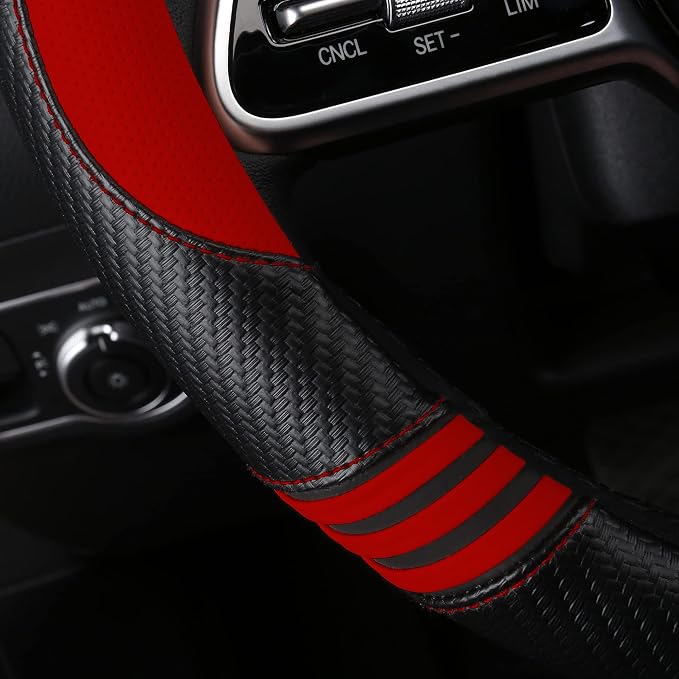 HighnessHwoo Car Steering Wheel Covers for Women Padded Carbon Fiber PU Leather Cute Auto Interior Accessories for Vehicle, Sedan, Universal, Anti Slip, Red, Standard Size, 14.75-15.15in