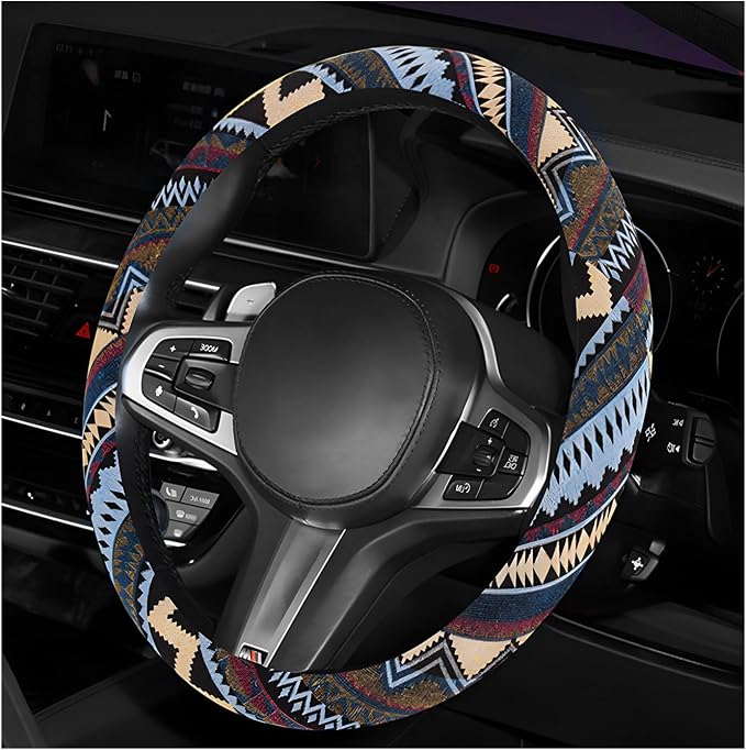 Boho Steering Wheel Cover, Anti-Slip Coarse Flax Cloth Ethnic Style Auto Wheel Cover, Breathable Boho Auto Steering Wheel Protector for Women Men, Car Accessories (Style H)