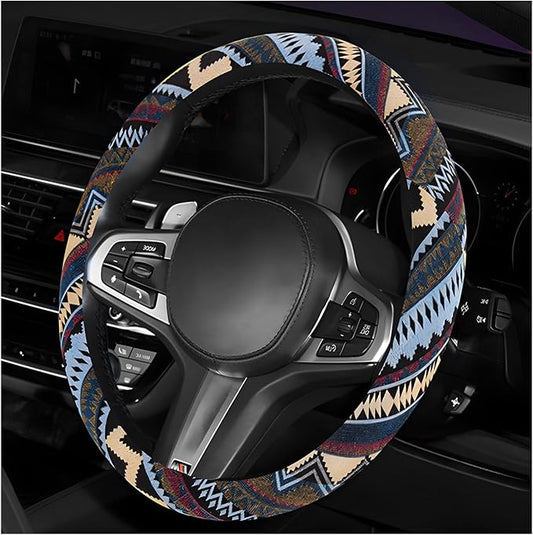 Boho Steering Wheel Cover, Anti-Slip Coarse Flax Cloth Ethnic Style Auto Wheel Cover, Breathable Boho Auto Steering Wheel Protector for Women Men, Car Accessories (Style H)
