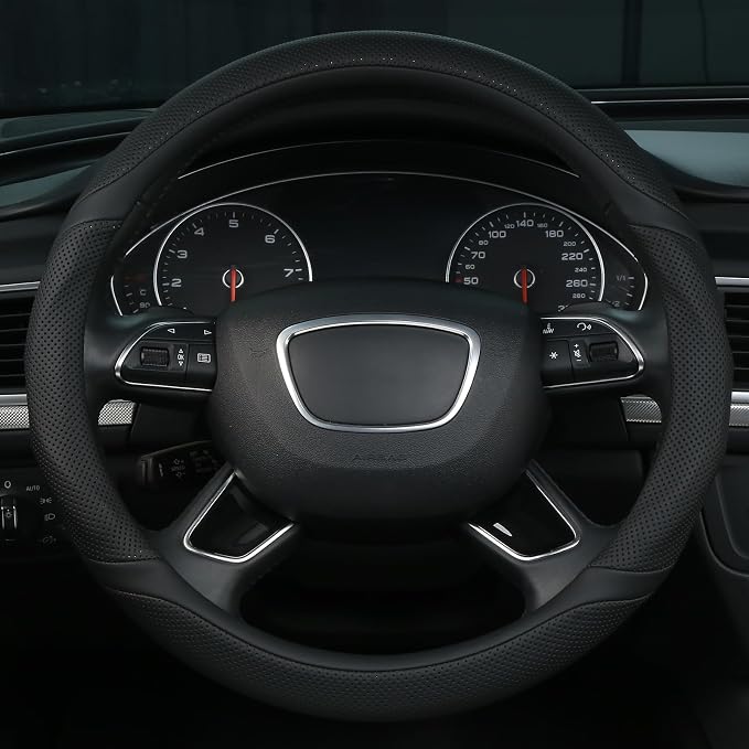 ALEMODR Black Leather Steering Wheel Cover Universal 15 inch