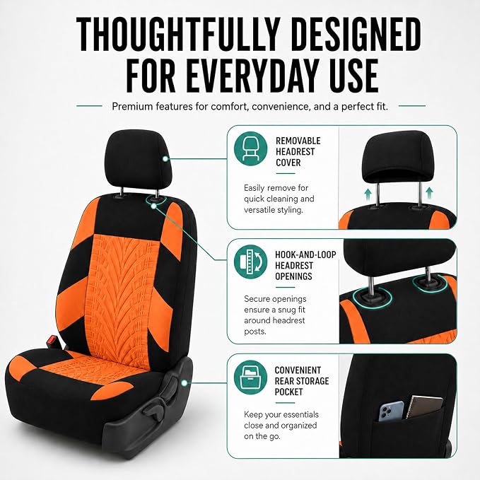 FH Group Full Set Travel Master Car Seat Covers, Airbag and Split Rear Car Seat Cover Universal Fit Interior Accessories for Cars Trucks SUV, Automotive Seat Covers, Orange