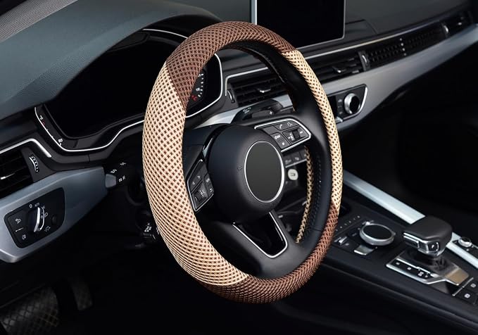 ZHOL Steering Wheel Cover Universal 15 inch Microfiber Breathable Ice Silk Steering Wheel Covers Anti-Slip Car Interior Accessories for Women Men, Warm in Winter and Cool in Summer, Beige&Brown