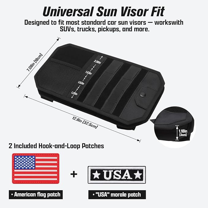 Heavy Duty MOLLE Sun Visor Organizer with Sunglasses Holder | Universal Tactical Organizer, MOLLE Panel, Mesh Pouch + Pen Slots + Zipper Pockets, 1000D Polyester, Esay Installation