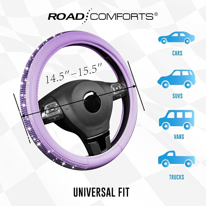 Road Comforts Bling Steering Wheel Cover – Purple Diamond Design, Universal Fit 14.5-15 Inch, Microfiber Leather, Anti-Slip & Breathable Design for Men and Women