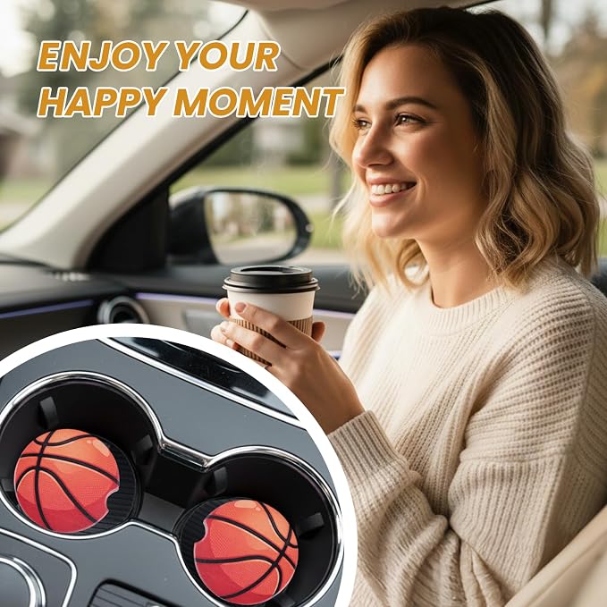 2 Pack Basketball Car Coasters for Men Women Car Cup Holder Coasters, 2.63 Inch Anti Slip Ceramic Absorbent Coaster with Cork Base and Finger Notch, Cute Fun Car Accessories Interior