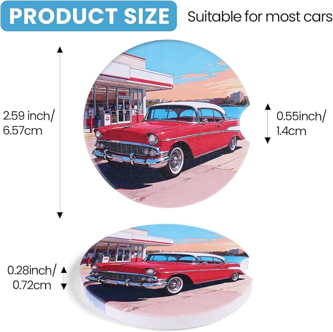 2 Pack Car Coasters for Cup Holders, Absorbent Ceramic Stone Cup Coaster with Non-Slip Cork Base&Finger Notch, Vintage Classic Red Car Gas Station Auto Interior Accessories, Universal 2.59 in