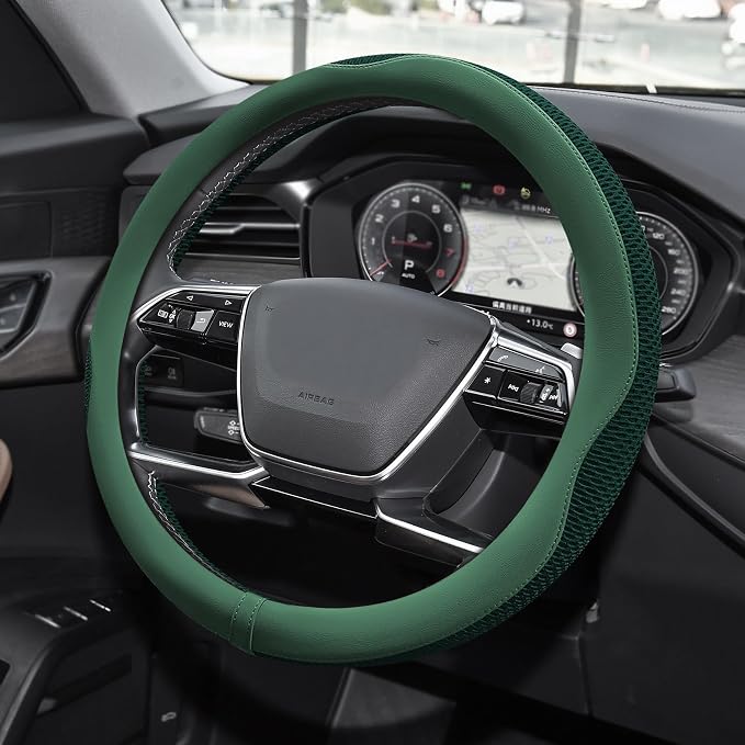 Car Steering Wheel Cover, Steering Wheel Accessories, Universal 15 Inch Microfiber Breathable LCE Silk, Car Accessories Breathable Anti-Slip Protector Universal for SUV Sedan Truck (Green)