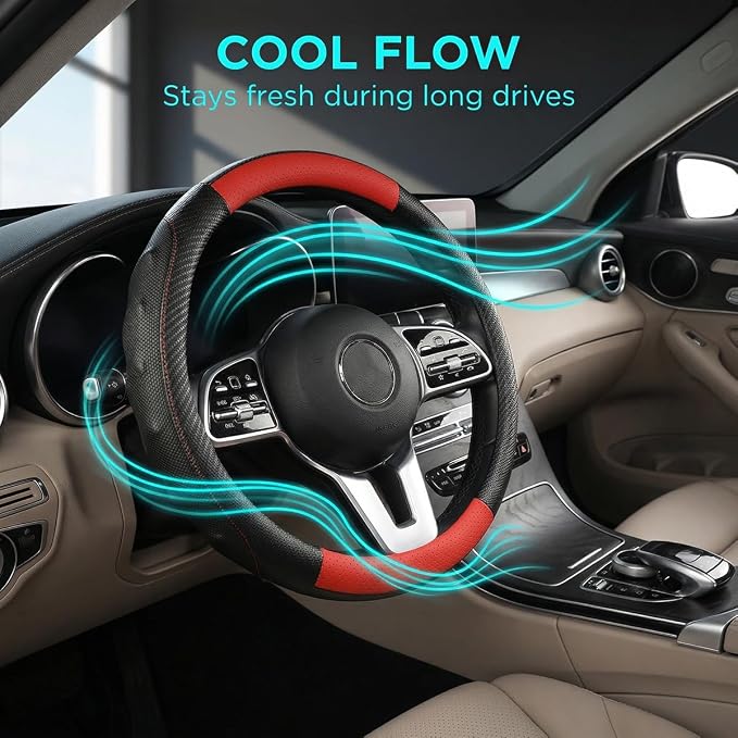 Car Steering Wheel Cover, Breathable Carbon Fiber Vehicle Steering Wheel Protector with Anti-Slip Lining, Automotive Interior Accessories, Universal for SUV RV Truck (Black Red)