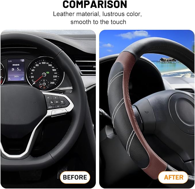 Zpana Car Steering Wheel Cover, 15 Inch Carbon Fiber Leather Non-Slip Steering Wheel Protector with Lining, Breathable Automotive Interior Accessories, Universal for SUV RV Truck (Brown)
