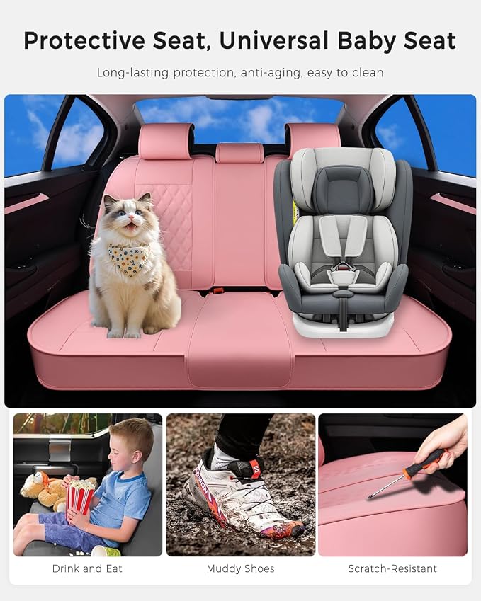 Huidasource Pink Rear Seat Covers, Nappa Leather Back Seat Covers Velcro Adjustable, Compatible with Seat Belts, Child Safety Seats, Fit for Most Cars SUVs Trucks (Back Row/Pink)