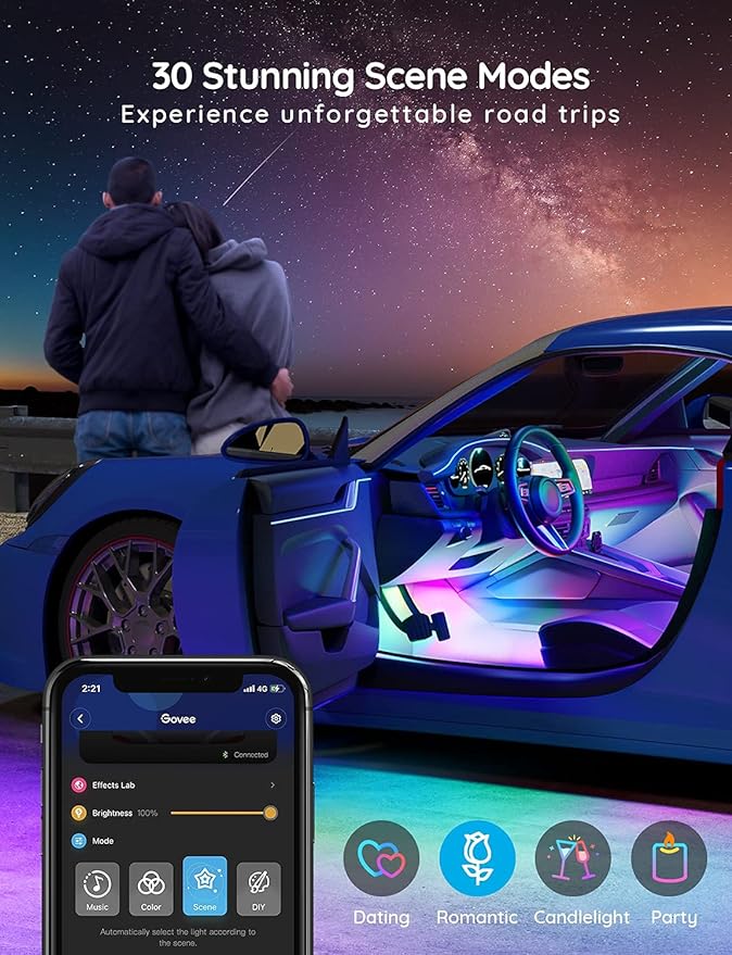 Govee Car LED Strip Lights, Smart RGBIC Interior Car Lights, APP Control | 4 Music Modes and 16 Million Colors, 2 Lines Design LED Lights for Car Decor, DC 12V