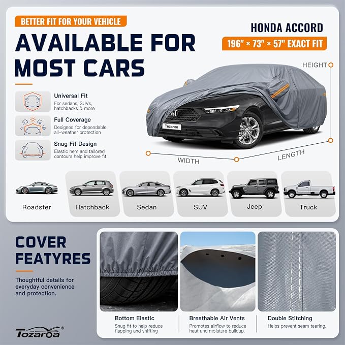 Car Cover Waterproof All-Weather,Outdoor Full Exterior Sedan Covers Custom Fit for Honda Accord,Chevy Malibu,Nissan Altima,Maxima,Sonata,Kia K5,Ford Fusion,CT5 XTS etc,Size A4(See Size Chart)