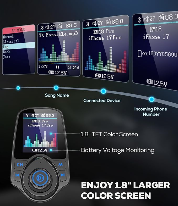 Nulaxy [2026 KM18 Upgraded Version] 1.8" Color Screen 48W Bluetooth 5.4 Car Adapter, Dual Fast Charging Ports [PD 30W & QC3.0 18W] Wireless Radio FM Transmitter, Hands-Free Call, 7 EQ Modes, Black