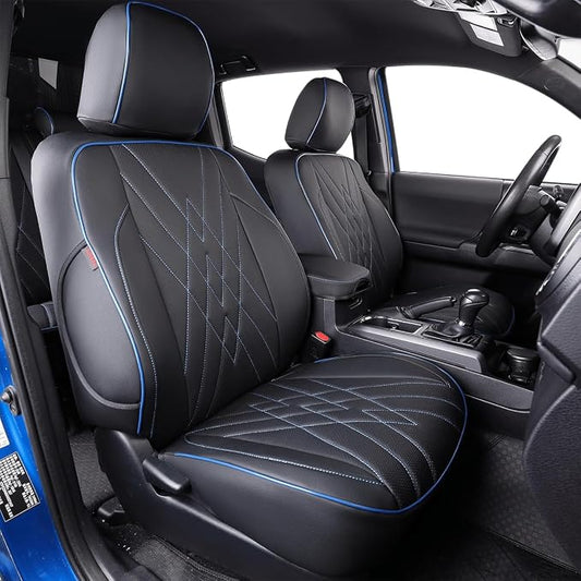 EKR Custom Fit Tacoma Leather Car Seat Covers for Toyota Tacoma 2012 2013 2014 2015 (TRD Sport Seats)- Full Set,Faux Leather(Black with Blue Trim)