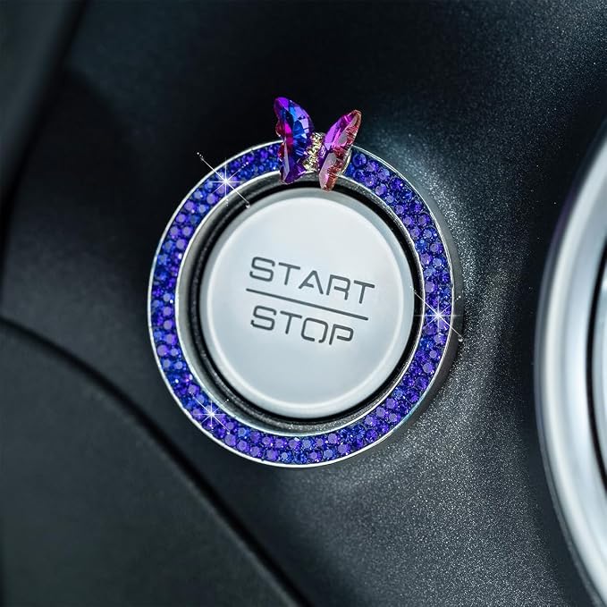 2PCS Bling Car Engine Start Stop Decoration Ring, Crystal Rhinestone Auto Push Start Button Ignition Ring Sticker, Vehicle Decor Accessories for Women Girls, Universal for Vehicles (Dark Blue)