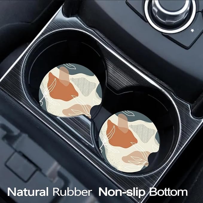 Coasters for Cup Holders - Abstract Boho Desert Leaf | 2 Pack Anti Slip Universal Rubber Car Cup Coaster for Women Men, Car Interior Accessories