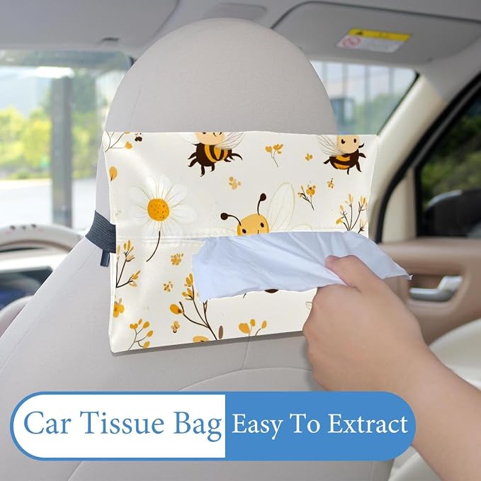 White Flower and bee Cartoon (2) Hang Paper Towel Holder Tissue Box Cover Tissue Holder for Car Home Office Desk