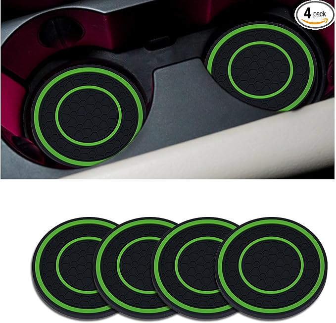 4 Pack Car Coasters for Cup Holder, 2.75 Inch Universal Auto Waterproof Coasters Silicon Insulation Cup Mats,No-Slip Anti Dust Insert Coaster for Woman Man, Suit for Vehicle Interior (Black/Green)
