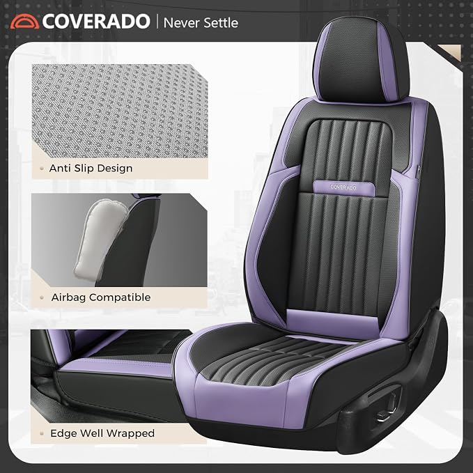 Coverado Car Seat Covers Front Seats, Seat Covers for Cars, Car Seat Protector, 2-Pack Car Seat Cushion Nappa Leather, Waterproof Seat Covers Carseat Cover Universal Fit for Most Cars(Purple&Black)